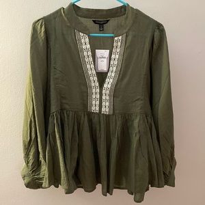 Banana Republic Vegan Olive Green Embroidered boho Blouse Size petite large